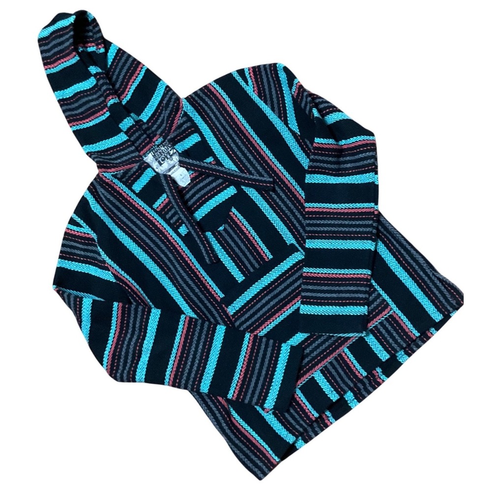 Senor Lopez Baja Hoodie Black Teal Pink Striped Mexican Poncho Pullover Small